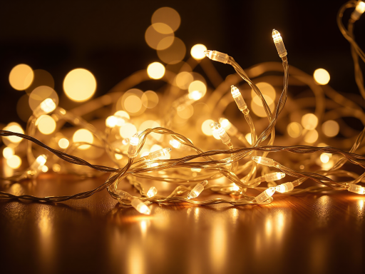 LED light string with warm white bulbs hanging against dark background creating ambient lighting effect